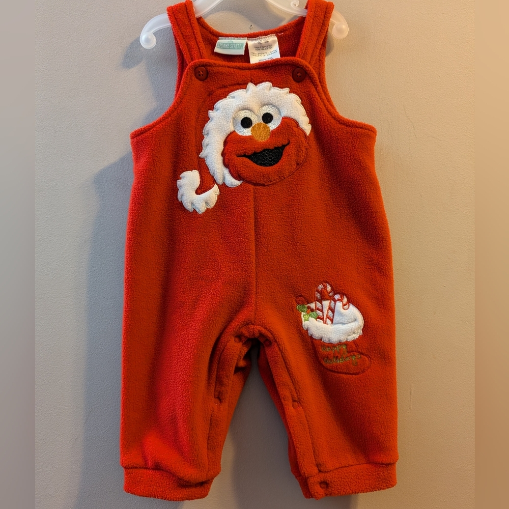 🎅 Sesame Street Santa Elmo Red Fleece Baby Overalls Holiday Christmas 6-9 Month